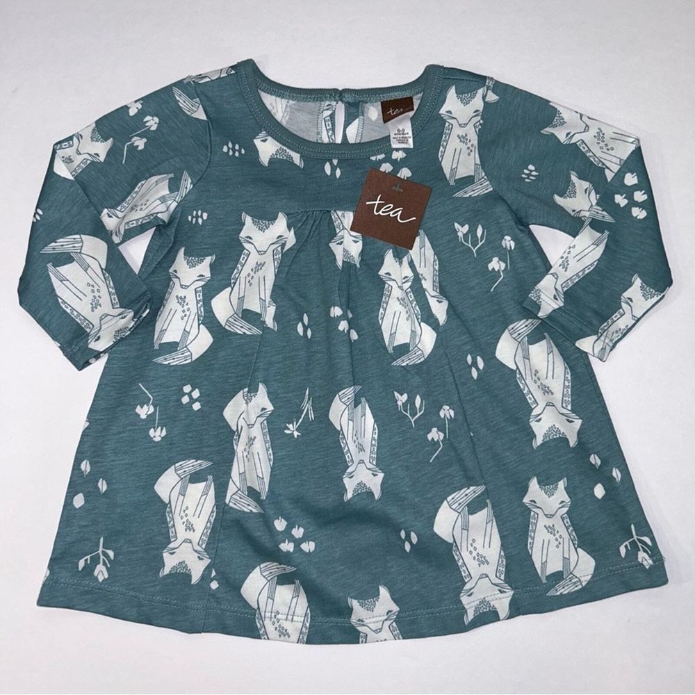 Tea Collection Girls Dress 6-9M Teal‎ White Fox Print Long Sleeve Shift Dress